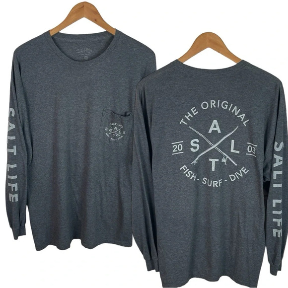 LS337 Men’s Salt Life Fish Surf Dive LS Preppy Pocket T Shirt L - Picture 1 of 6